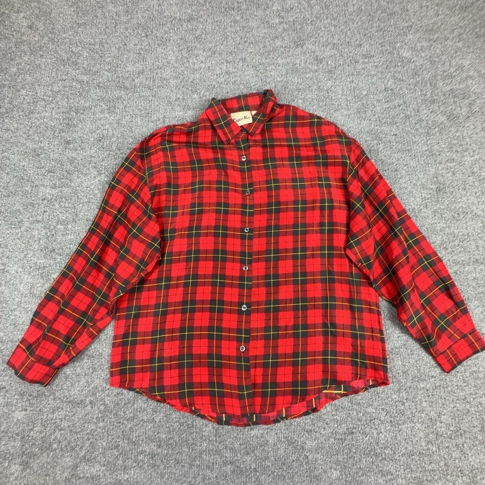 Copper Key Shirt Womens Large Red Plaid 100% Silk Button Front Long Sleeve Top